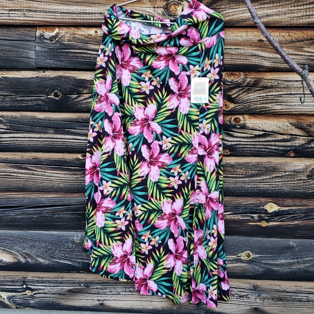 Lularoe Maxi Skirt Pink Hibiscus Green Palm Leaves NWT sz XL